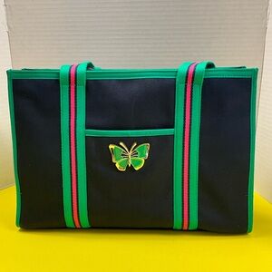 Chic Black and Green Tote with Butterfly Accent